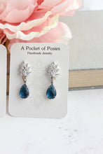 Load image into Gallery viewer, Cubic Zirconia Leaf Post Earrings | Navy Blue Glass Teardrop