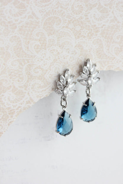Cubic Zirconia Leaf Post Earrings | Navy Blue Glass Teardrop
