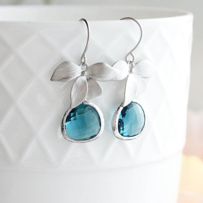 Silver Orchid Earrings - Peacock