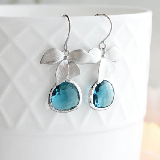 Silver Orchid Earrings - Peacock