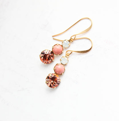 Coral Pink and White Opal Glass Earrings