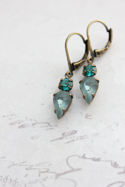 Tiny Vintage Glass Drop Earrings | Peacock Blue