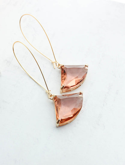 Large Art Deco Fan Glass Earrings | Peach Glass