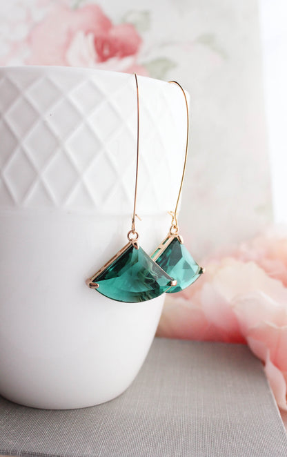 Large Art Deco Fan Glass Earrings | Emerald Green