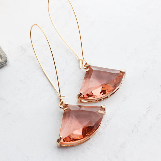 Large Art Deco Fan Glass Earrings | Peach Glass