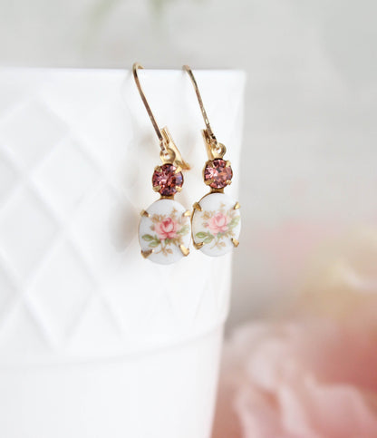 Pink Rose Cameo Earrings