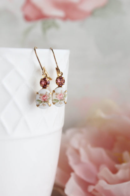 Pink Rose Cameo Earrings
