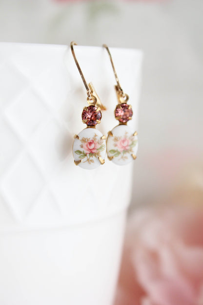 Pink Rose Cameo Earrings