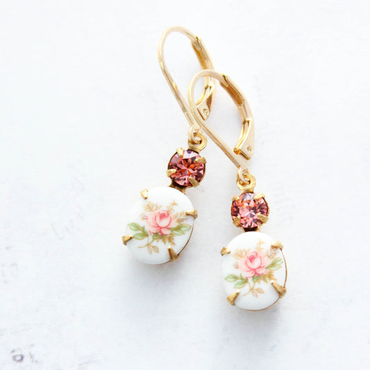 Pink Rose Cameo Earrings