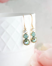 Load image into Gallery viewer, Glass Drop Earrings | Aqua Three Jewel Earrings