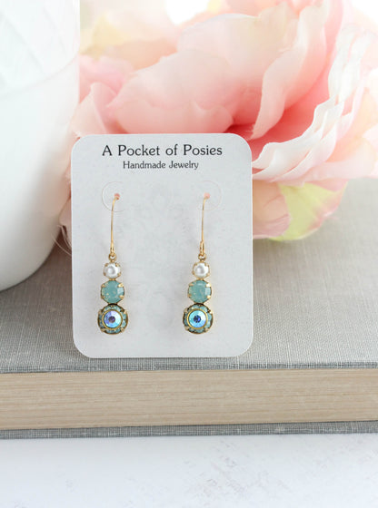Glass Drop Earrings | Aqua Three Jewel Earrings
