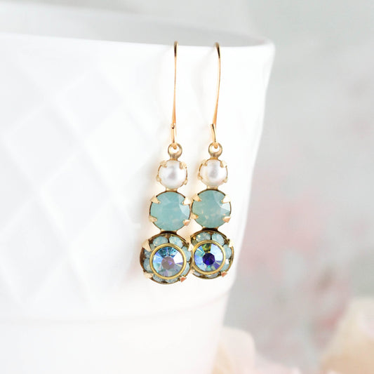 Glass Drop Earrings | Aqua Three Jewel Earrings