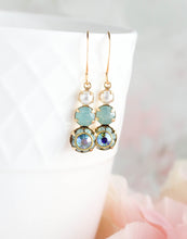 Load image into Gallery viewer, Glass Drop Earrings | Aqua Three Jewel Earrings
