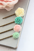 Load image into Gallery viewer, Flower Bobby Pins | Mint Dahlia, Pink Chrysanthemum, Teal Rose and Cream Rose