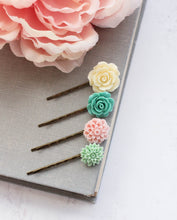 Load image into Gallery viewer, Flower Bobby Pins | Mint Dahlia, Pink Chrysanthemum, Teal Rose and Cream Rose