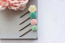 Load image into Gallery viewer, Flower Bobby Pins | Mint Dahlia, Pink Chrysanthemum, Teal Rose and Cream Rose
