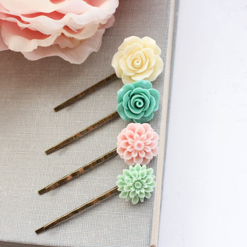 Flower Bobby Pins | Mint Dahlia, Pink Chrysanthemum, Teal Rose and Cream Rose