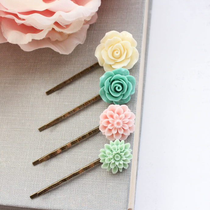 Flower Bobby Pins | Mint Dahlia, Pink Chrysanthemum, Teal Rose and Cream Rose