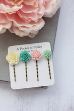 Load image into Gallery viewer, Flower Bobby Pins | Mint Dahlia, Pink Chrysanthemum, Teal Rose and Cream Rose