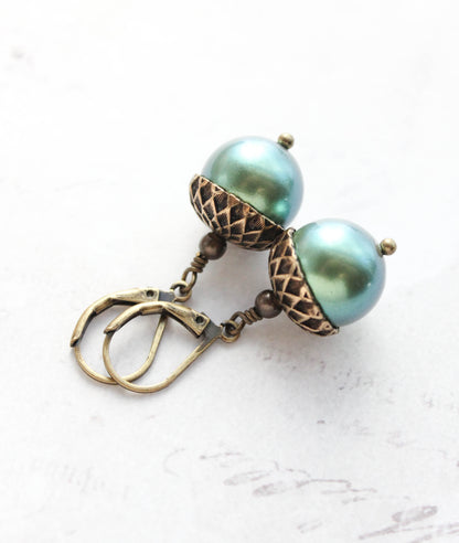 Rose Gold Pearl Acorn Earrings | Antiqued Gold Brass