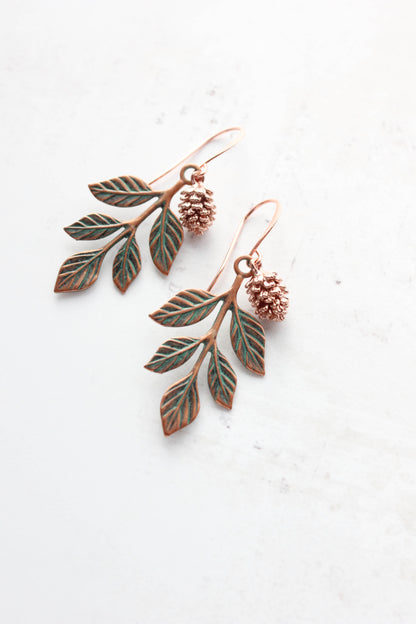 Branch and Pine Cone Earrings | Mint Patina Copper and Rose Gold
