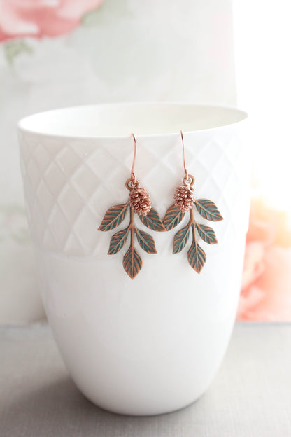 Branch and Pine Cone Earrings | Mint Patina Copper and Rose Gold