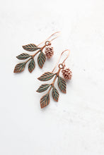 Load image into Gallery viewer, Branch and Pine Cone Earrings | Mint Patina Copper and Rose Gold