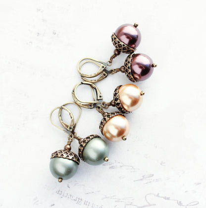 Rose Gold Pearl Acorn Earrings | Antiqued Gold Brass