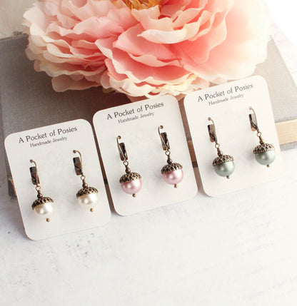Rose Gold Pearl Acorn Earrings | Antiqued Gold Brass