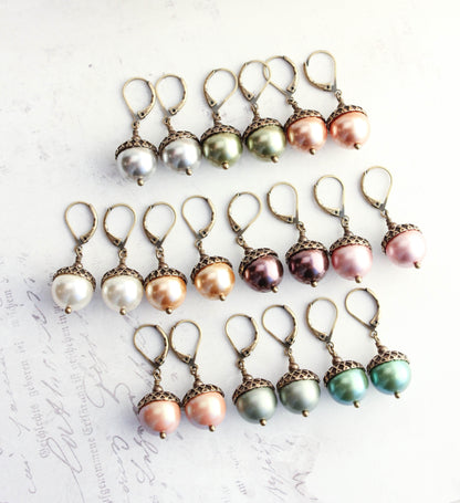 Rose Gold Pearl Acorn Earrings | Antiqued Gold Brass