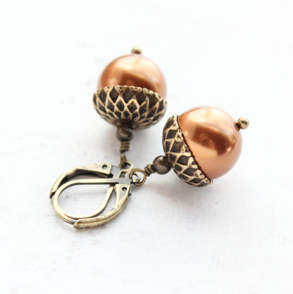 Burnt Copper Pearl Acorn Charm Necklace