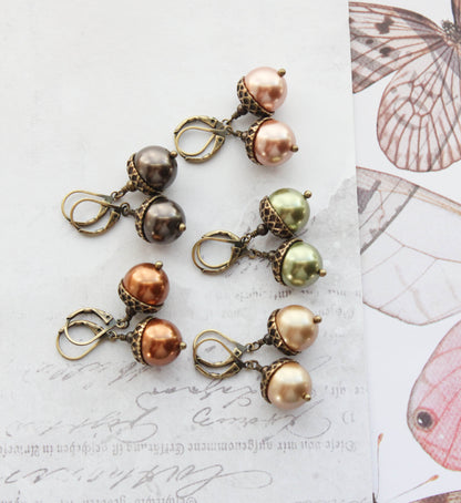 Rose Gold Pearl Acorn Earrings | Antiqued Gold Brass
