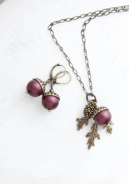 Pearl Acorn Earrings | Matte Blackberry