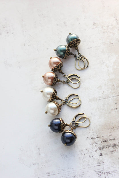 Rose Gold Pearl Acorn Earrings | Antiqued Gold Brass