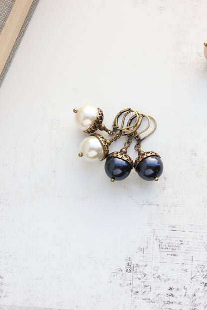Rose Gold Pearl Acorn Earrings | Antiqued Gold Brass