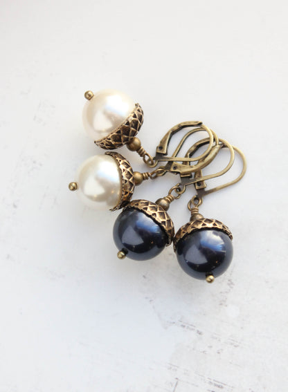 Rose Gold Pearl Acorn Earrings | Antiqued Gold Brass