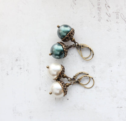 Rose Gold Pearl Acorn Earrings | Antiqued Gold Brass