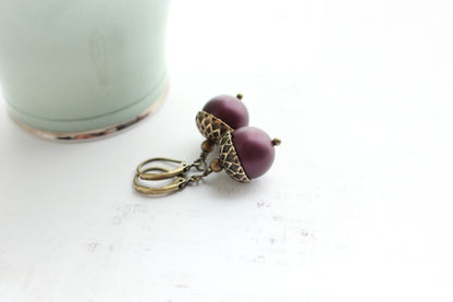 Rose Gold Pearl Acorn Earrings | Antiqued Gold Brass