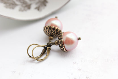 Rose Gold Pearl Acorn Earrings | Antiqued Gold Brass