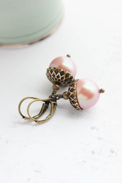 Rose Gold Pearl Acorn Earrings | Antiqued Gold Brass