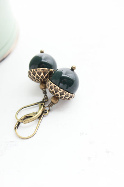 Rose Gold Pearl Acorn Earrings | Antiqued Gold Brass