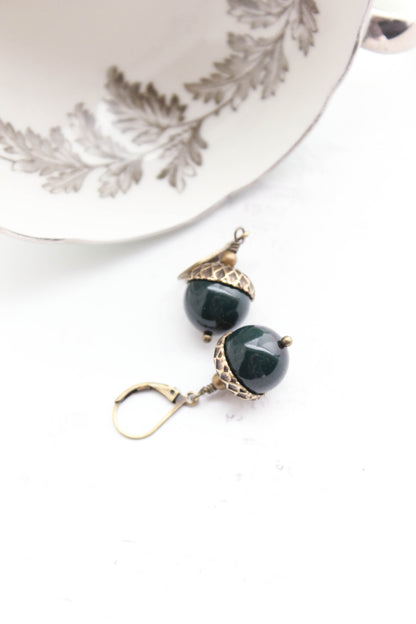 Rose Gold Pearl Acorn Earrings | Antiqued Gold Brass