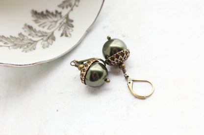 Rose Gold Pearl Acorn Earrings | Antiqued Gold Brass