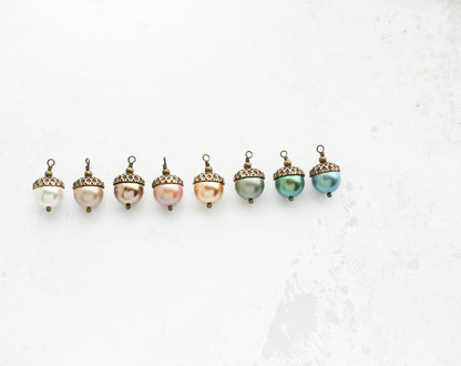 Rose Gold Pearl Acorn Earrings | Antiqued Gold Brass