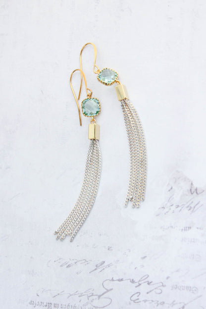 Long Chain Earrings | Aqua Glass and Ivory Gold Chain