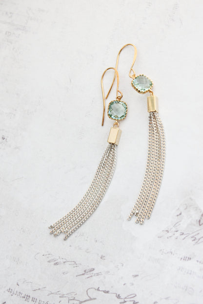 Long Chain Earrings | Aqua Glass and Ivory Gold Chain