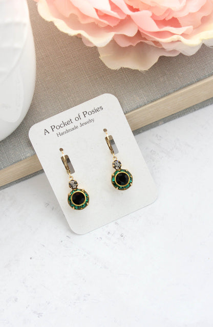 Art Deco Vintage Glass Earrings | Emerald Green & Jet Black