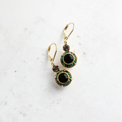 Art Deco Vintage Glass Earrings | Emerald Green & Jet Black