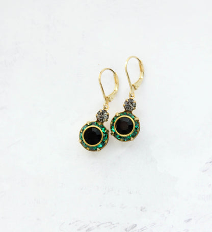 Art Deco Vintage Glass Earrings | Emerald Green & Jet Black