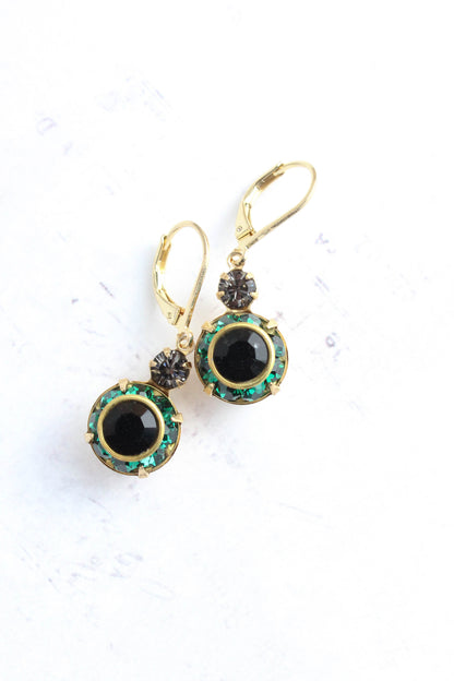 Art Deco Vintage Glass Earrings | Emerald Green & Jet Black